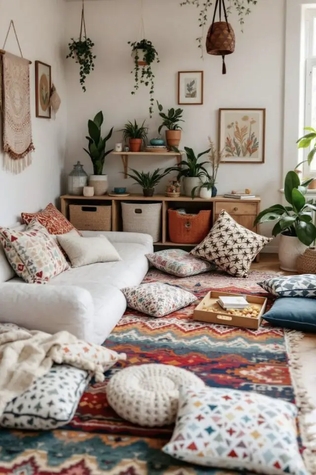 intérieur maximaliste bohème idée facile salon cosy tapis coussins plantes vertes panier rangement intérieur maximaliste bohème idée facile salon cosy tapis coussins plantes vertes panier rangement