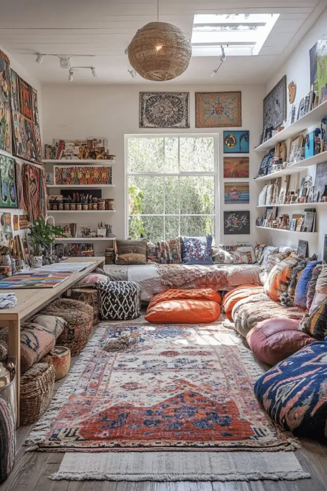 intérieur maximaliste bohème idée facile espace bureau cosy banquette coussins tapis univers personnel intérieur maximaliste bohème idée facile espace bureau cosy banquette coussins tapis univers personnel