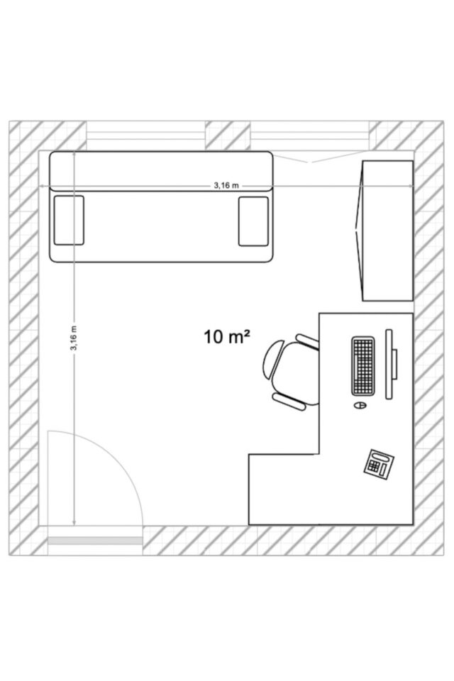 aménager bureau à domicile pièce carrée 10m2 bureau d'angle armoire de rangement et canapé clic-clac chambre d'amis ponctuelle 