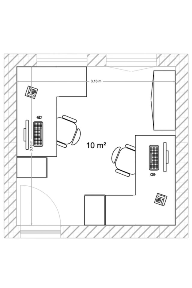 aménager bureau à domicile pièce carrée 10m2 deux bureaux séparés dans chaque angle de l'espace meuble d'angle armoire de rangement et caisson nombreux rangements