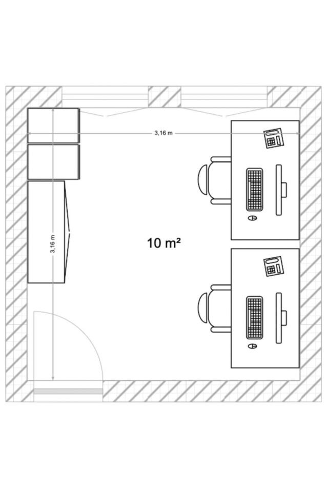 aménager bureau à domicile pièce carrée 10m2 deux espaces de travail l'un à côté de l'autre armoire et caisson de rangement plan