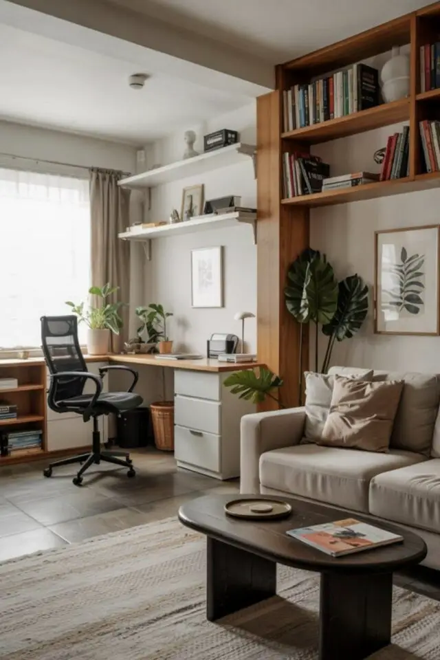 aménagement bureau 10m2 en longueur avec canapé et petite table idée chambre d'amis 