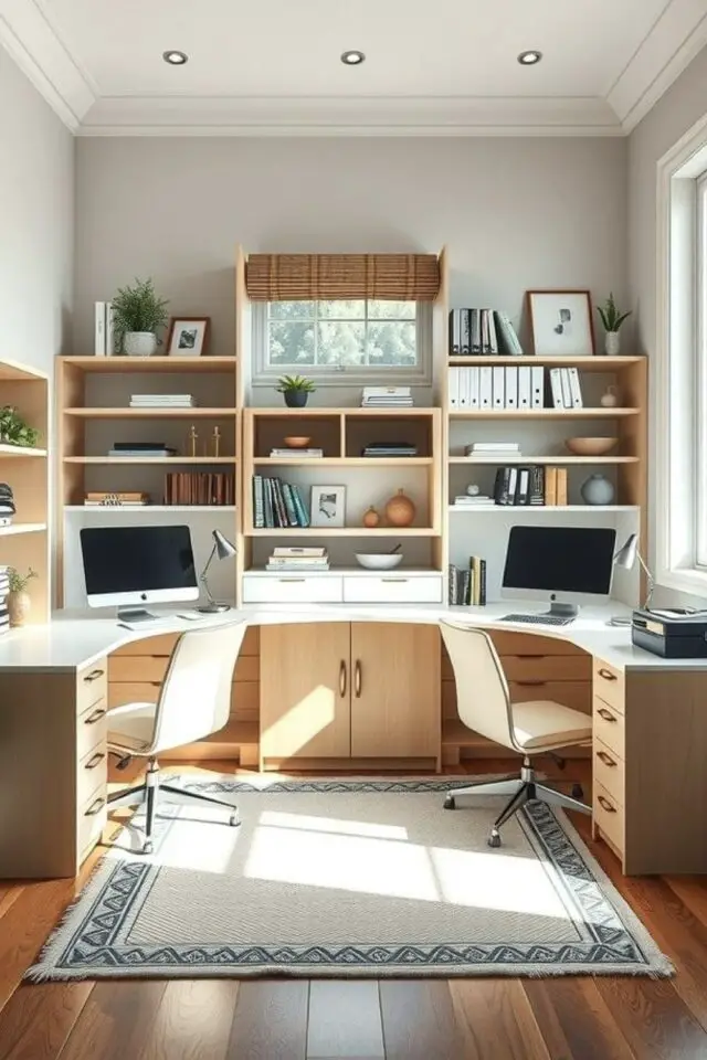 aménagement bureau 10m2 deux espaces de travails dos à dos meuble sur mesure avec rangement étagère 