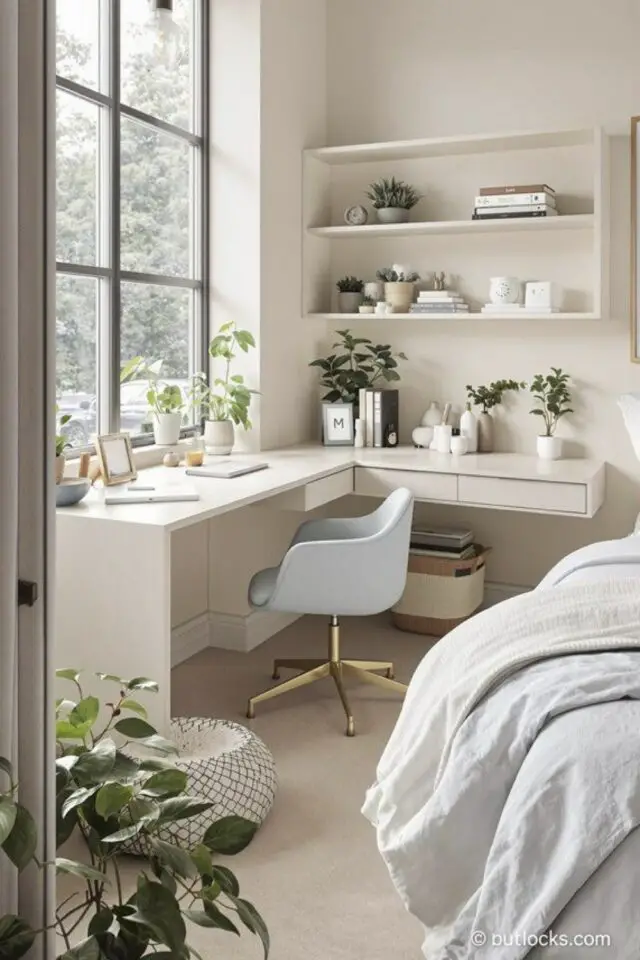 aménagement bureau 10m2 en angle pratique chambre adulte étagère murale près de la fenêtre 