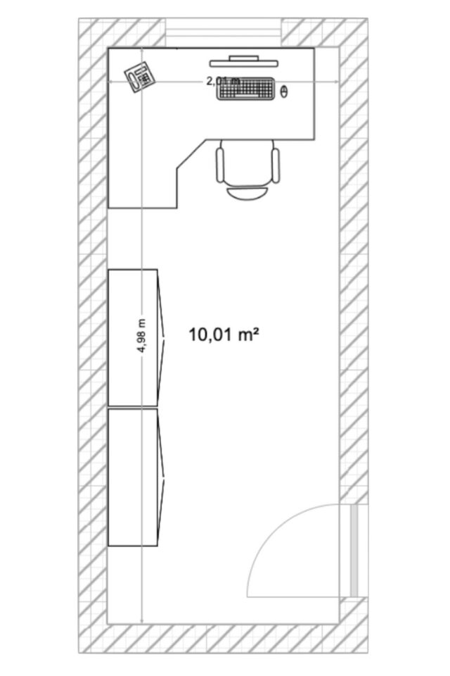 aménager bureau 10m2 en longueur une personne bureau d'angle face à la fenêtre deux grandes armoires de rangement 