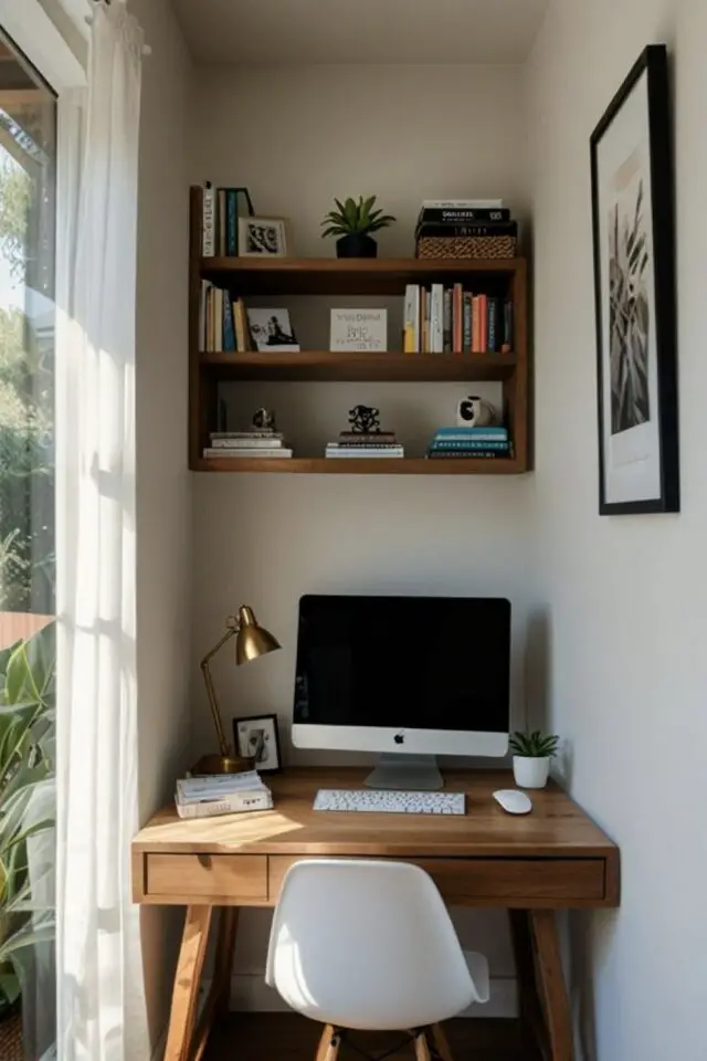 aménager bureau petit espace pratique et fonctionnel meuble de travail en bois mini étagère murale près d'une fenêtre aménager bureau petit espace pratique et fonctionnel meuble de travail en bois mini étagère murale près d'une fenêtre