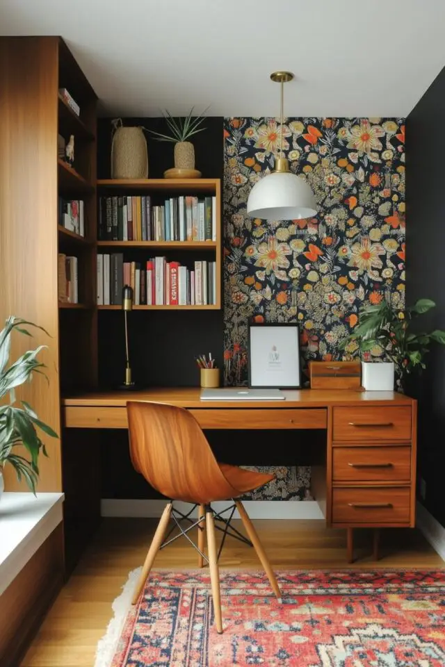 aménager bureau petit espace chic et élégant mueble mid century modern papier peint fleuri mur noir aménager bureau petit espace chic et élégant mueble mid century modern papier peint fleuri mur noir