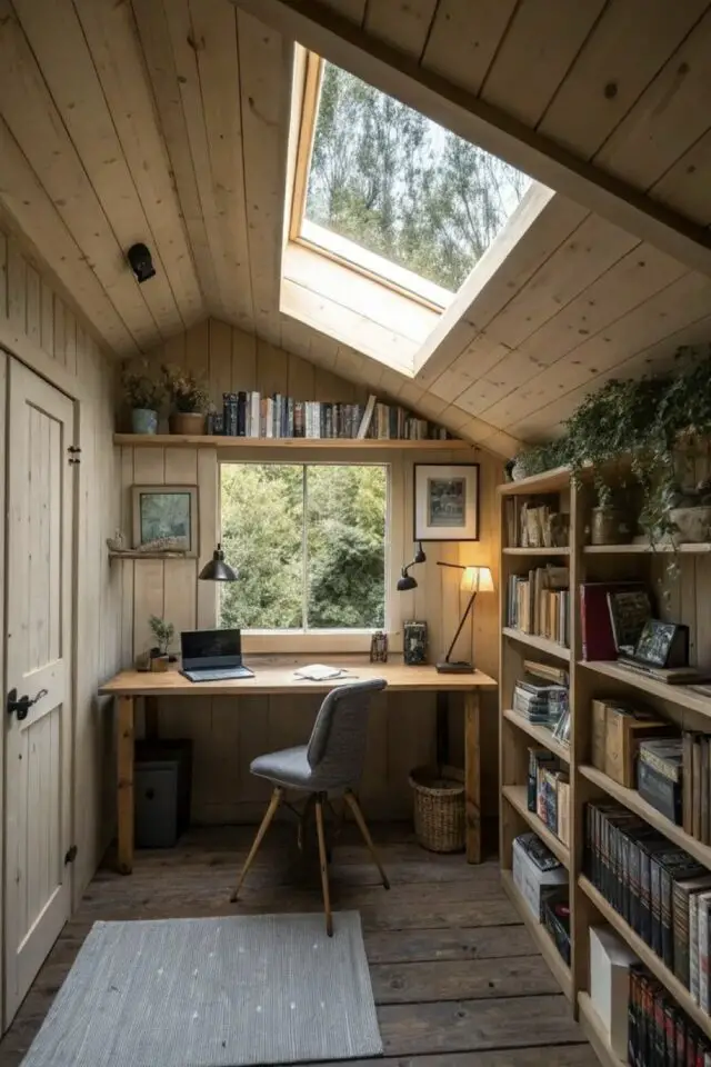 aménager bureau petit espace mansardé fenêtre de toit laùbris bois bibliothèque vue sur le jardin grenier combles aménager bureau petit espace mansardé fenêtre de toit laùbris bois bibliothèque vue sur le jardin grenier combles