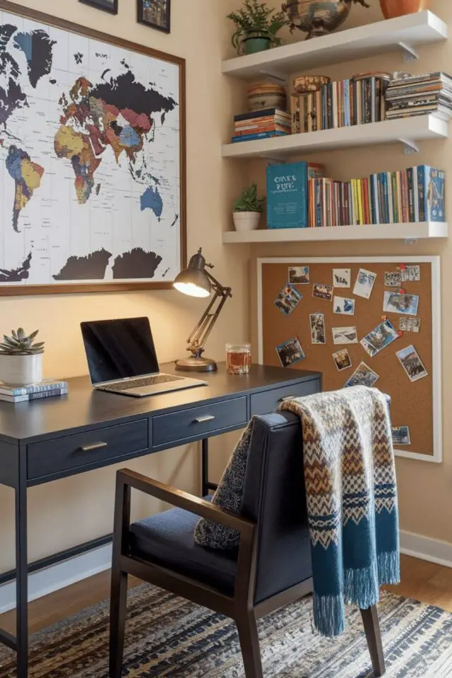 aménager bureau petit espace meuble bleu carte du monde étagères aménager bureau petit espace meuble bleu carte du monde étagères