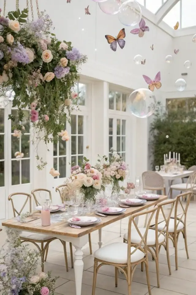 déco anniversaire thème princesse table élégante bois jolie vaisselle bouquet de fleurs fraîches couleur pastel papillons suspendus 