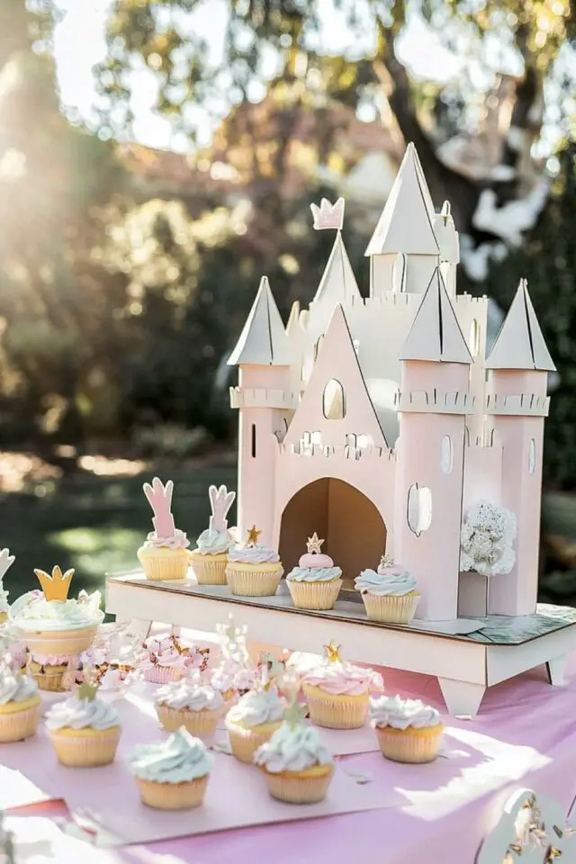 déco anniversaire thème princesse inspirations buffet cupcakes pastel château en carton 
