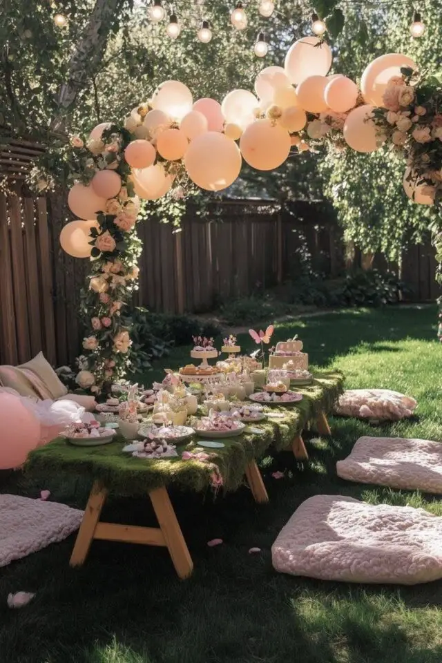 déco anniversaire thème princesse idée en plein air jardin table couverte de mousse arche ballon pastel luminaire en papier coussin de sol 