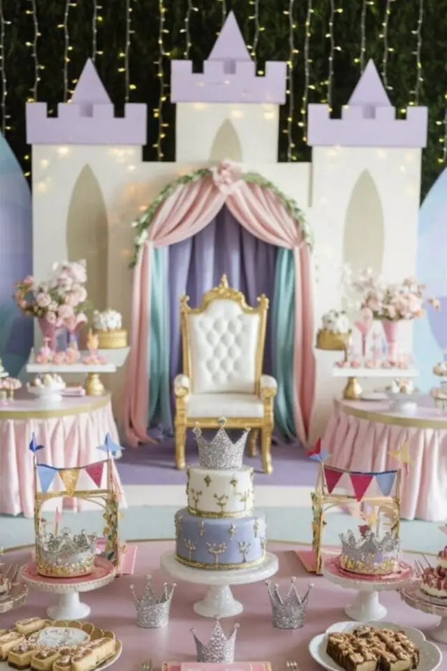 déco anniversaire thème princesse exemple photo-booth château décor trône couleur pastel 