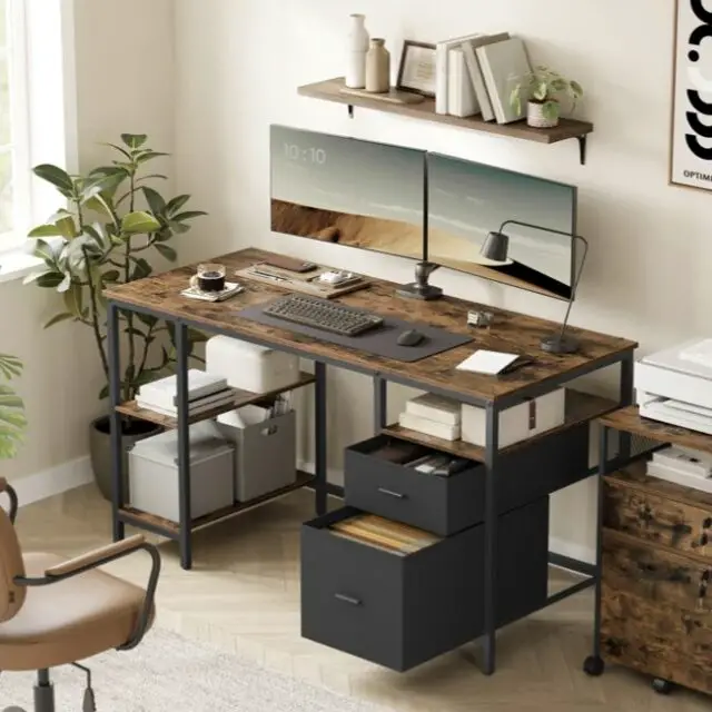 Bureau d’ordinateur 3 étagères 2 tiroirs marron rustique et noir