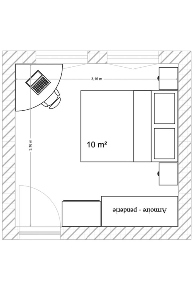 aménagement chambre adulte bureau  petit bureau d'angle lit deux personnes armoire et commode plan 2D conseils