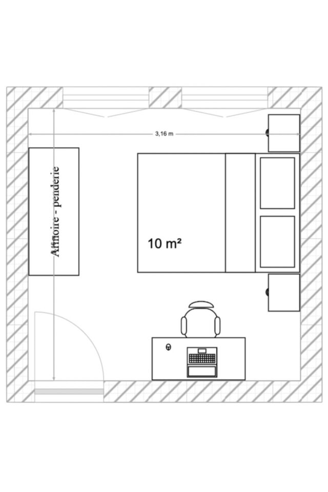 aménagement chambre adulte bureau  plan disposition lit armoire et espace de travail 