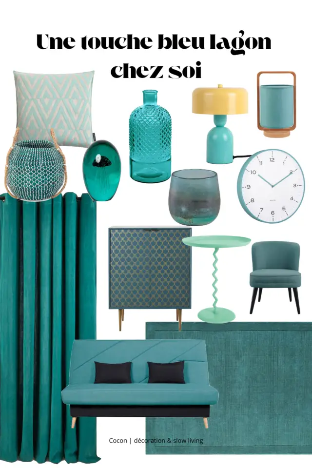 accessoires décoratifs bleu lagon vase lampe coussin panier horloge murale photophore meuble d'appoint tapis rideaux housse de clic clac