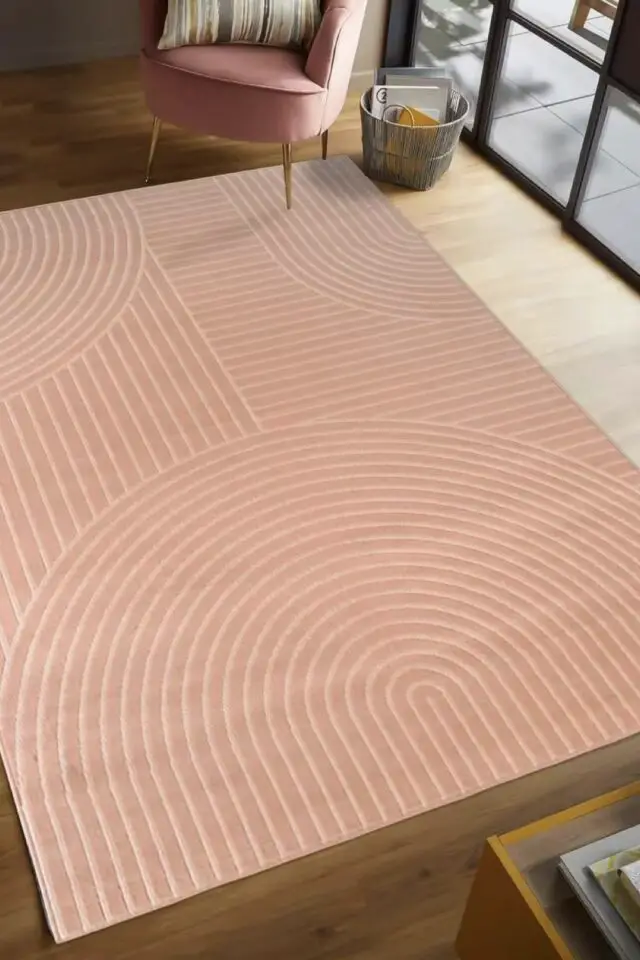 Tapis salon tissé motif géométrique contemporain, rose 200x290