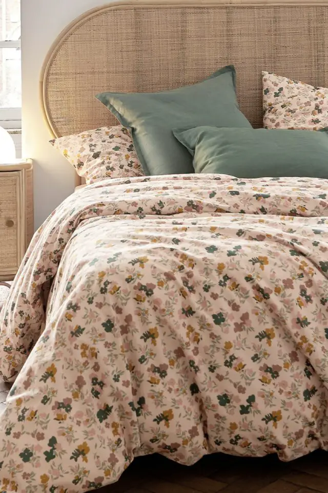Housse de couette coton lavé imprimé fleur fond rose