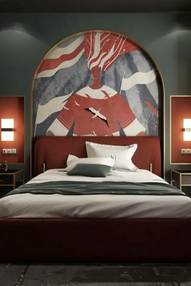 alcôve chambre décoration adulte arche peu profonde tête de lit papier peint felle terracotta blanc beu gris mur vert olive et détail doré chic et élégant 