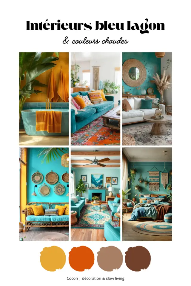décoration intérieure bleu lagon moodbaord exemple association couleur chaude jaune ocre marron ambiance moderne calme apaisante et chaleureuse 