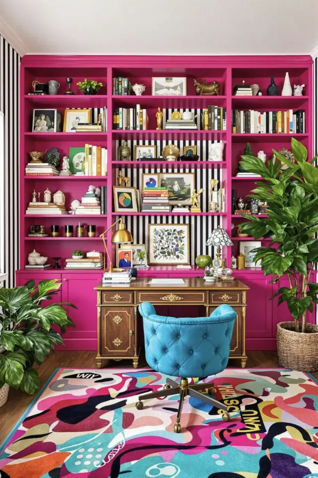 déco bureau maximaliste bibliothèque filante sur tout un mur couleur rose papier peint rayures blanc et noir fauteuil de bureau bleu capitonné tapis multicolore bariolé 