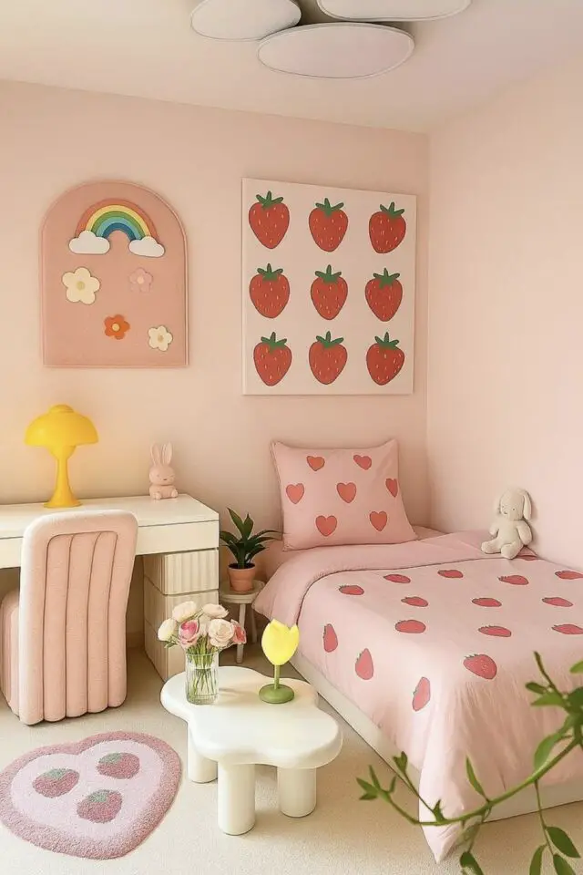 chambre ado kawaii rose mur pastel tableau et linge de lit motif fraise petit bureau blanc lampe jaune fauteuil moderne coloré tapis en forme de coeur 