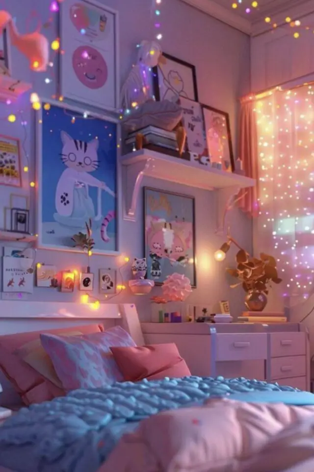 chambre ado kawaii rose exemple rideau coloré ambiance feutrée guirlande lumineuse affiche encadrée mignonne coussin bureau petit espace 