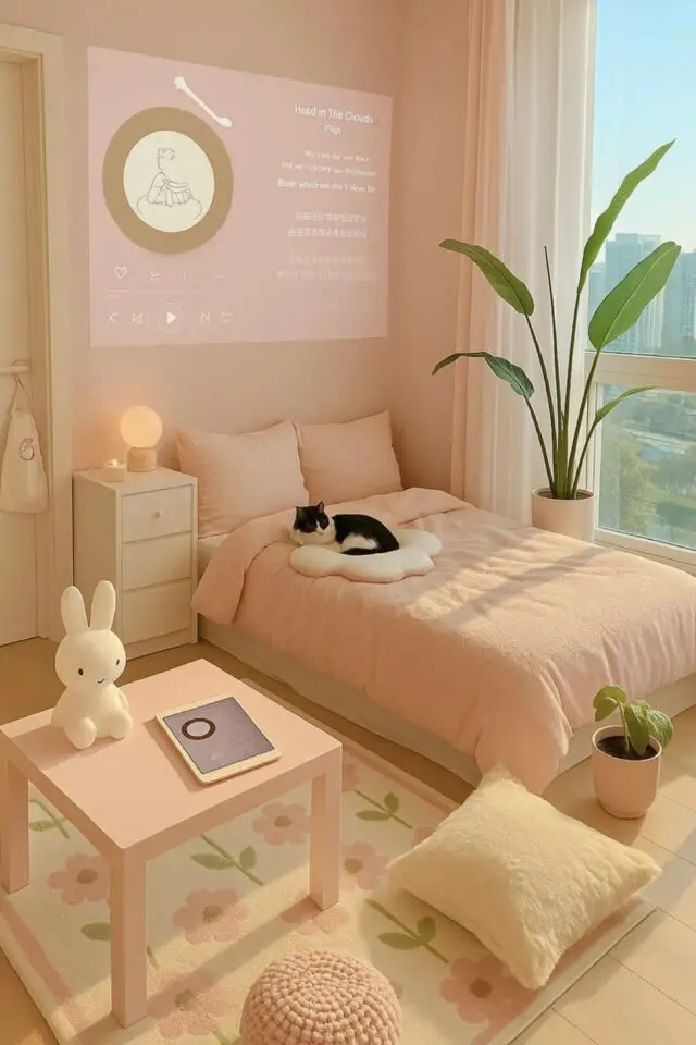 chambre ado kawaii rose exemple soft core couleur pastel douce associé à du blanc lit 2 personnes table de nuit avec tiroir veilleuse lapin mignon 