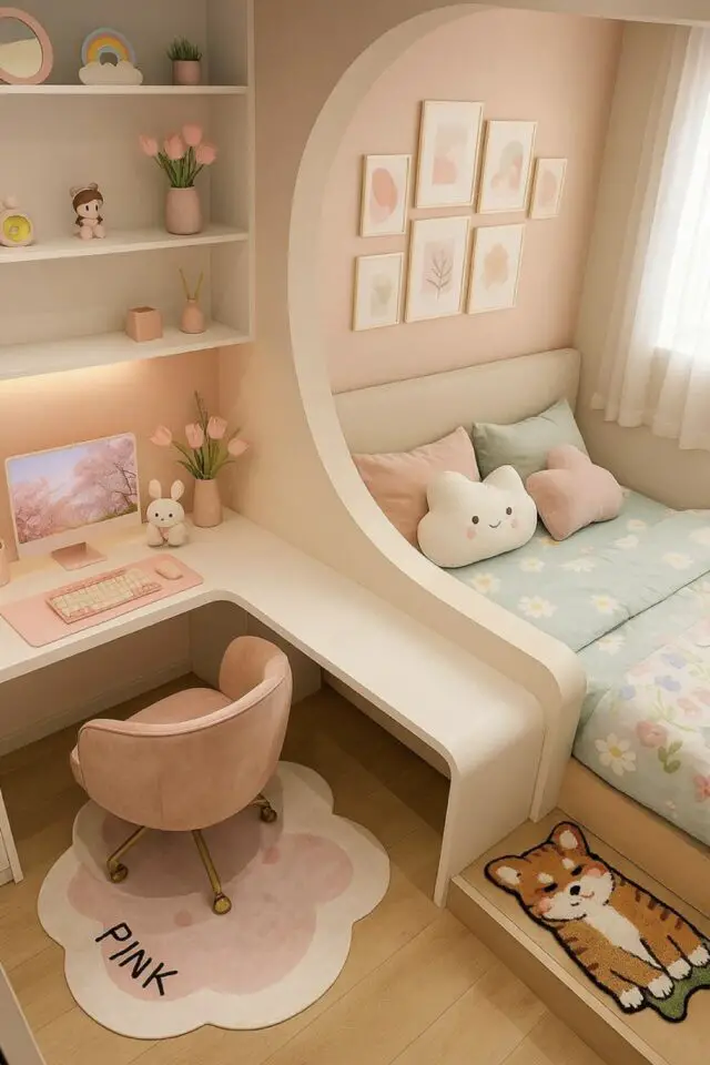 chambre ado kawaii rose décoration alcôve cosy bureau sur-mesure étagère murale affiches encadrées dessus de lit galerie figurines et coussins mignons 