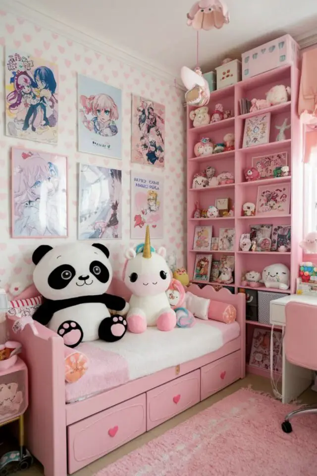 chambre ado kawaii rose décoration lit 1 place avec tiroir papier peint coeur bibliothèque colorée peluches mignonnes petit bureau blanc tapus affiche personnages manga 