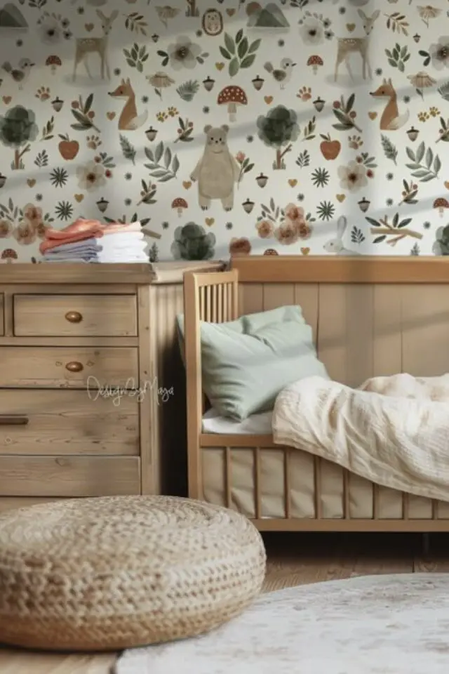 indispensables chambre bébé déco naturelle meuble en bois commode et lit papier peint animaux de la forêt linge de lit écru et vert 