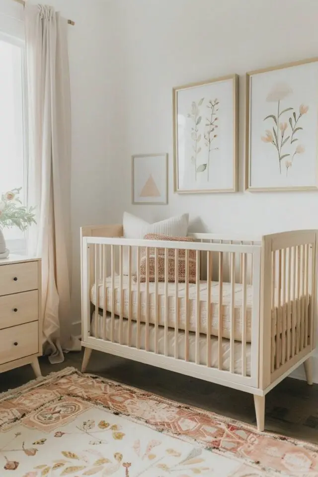 indispensables chambre bébé déco naturelle neutre avec petite touche de rose et vert fille lit en bois clair tapis et illustration florale petite commode espace lumineux et doux 