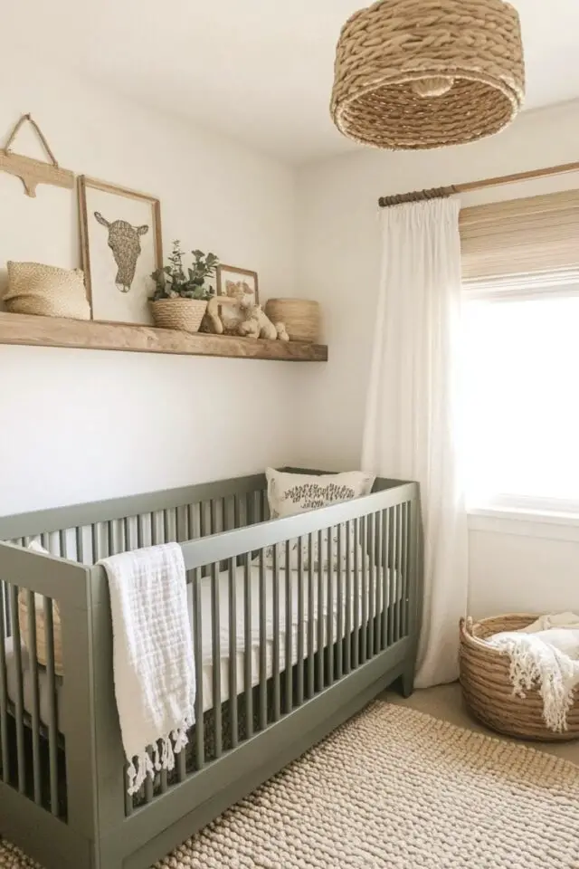 indispensables chambre bébé déco naturelle murs blanc lit vert sauge à barreaux étagère en bous luminaire suspension fibres naturelles tressées 