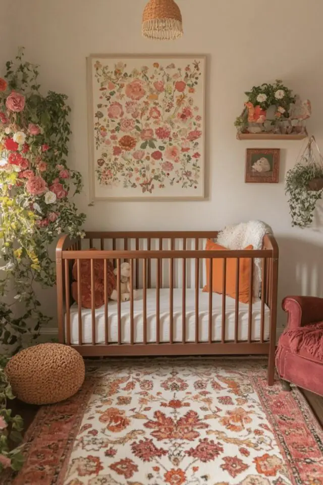 chambre bébé déco naturelle fille mur blanc tapis et tenture mural motif floral rose lit à barreaux en bois 