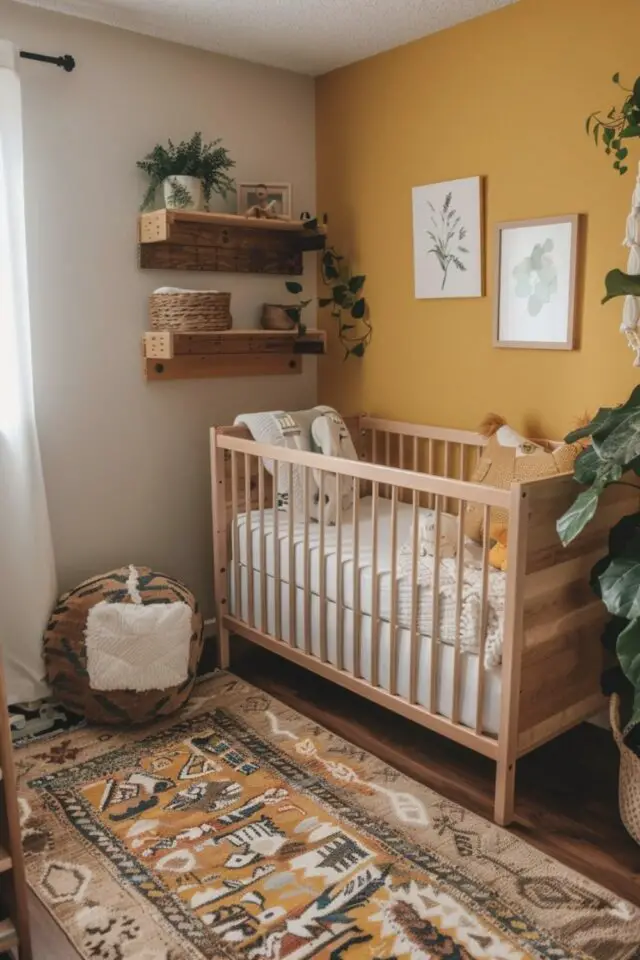 chambre bébé déco naturelle mur accent jaune ocre lit à barreaux en bois étagères murale tapis marron et beige 