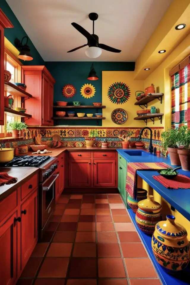 cuisine ambiance mexicaine décoration color bloc peinture murale jaune vert couleur meuble relookés orange plan de travail bleu crédence carrelage motif décor éclectique et maximaliste 