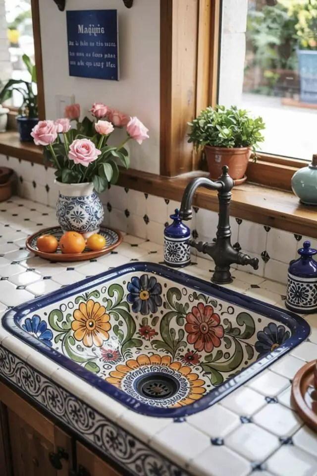 cuisine ambiance mexicaine décoration plan de travail en faïence blanche et bleu très bel évier de cuisine motif floral 