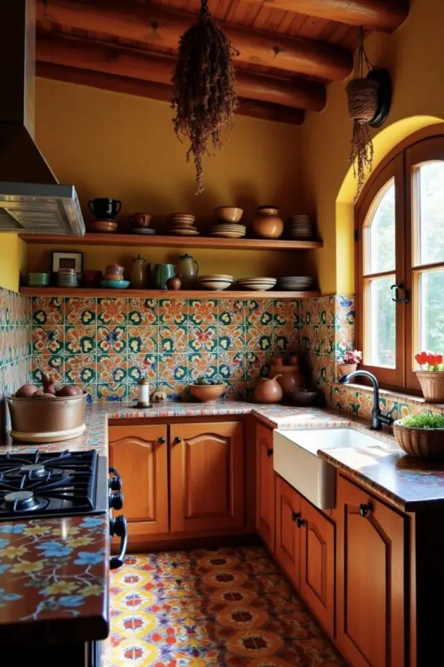 cuisine ambiance mexicaine décoration petit espace en U meuble bois rustique mur jaune poutres au plafond crédence carrelage carreaux de ciment motif floral bleu orange et verte fenêtre cintrée 