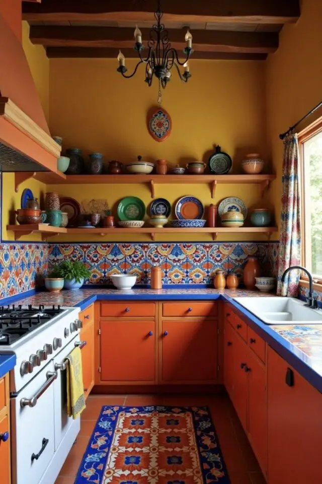 cuisine ambiance mexicaine décoration coloré mur jaune crédence carrelage motif coloré meuble repeint en orange plan de travail bleu tapis motif géométrique piano de cuisson blanc ancien 