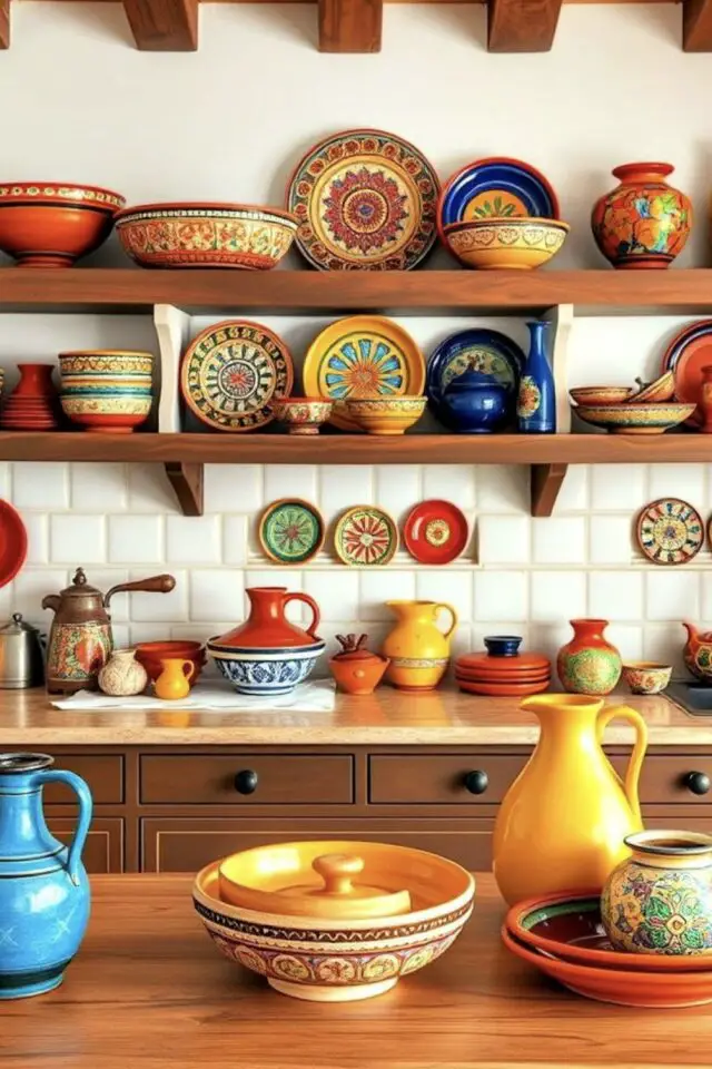 décoration mexicaine cuisine déco murale au dessus du plan de travail étagère en bois vaisselle et plat artisanaux colorés et peints à la main 