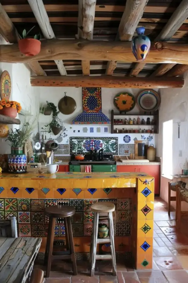 décoration mexicaine cuisine chic et élégante authentique poutres au plafond îlot central carrelé jaune verte bleu tabourets anciens dépareillés petite étagère en bois au dessus du plan de travail meuble orange piano cuisson vert