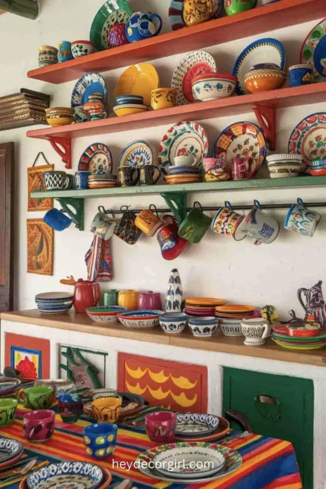 décoration mexicaine cuisine éclectique collection vaisselle assiette mugs bol étagères en bous peinte en vert et orange nappe à rayure 
