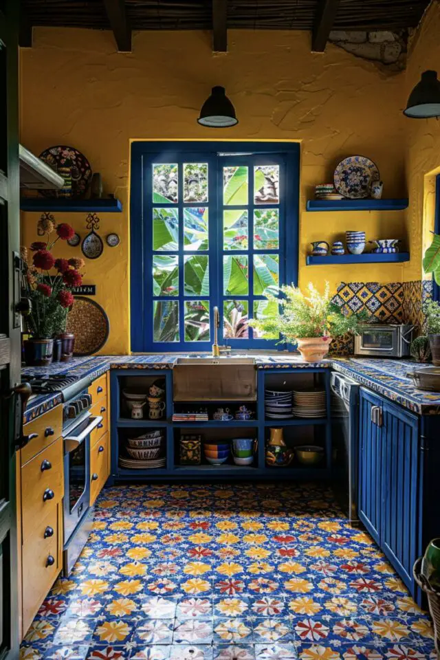 déco cuisine style mexicain exemple bleu et jaune mobilier coloré peinture murale différente de celle de l'encadrement de la fenêtre étagère murale plan de travail est crédence sol carreaux de ciment 