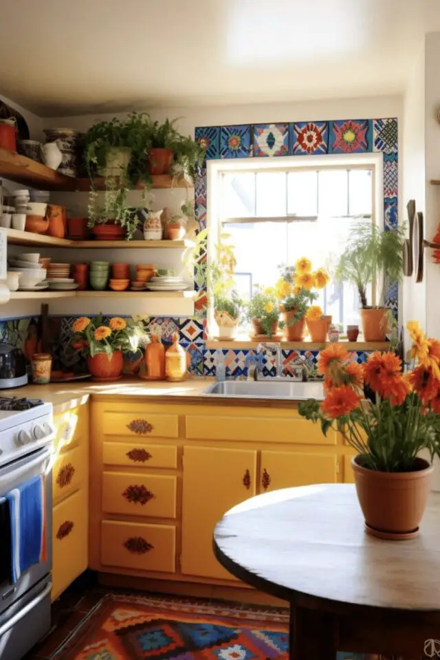 déco cuisine style mexicain exemple jaune et bleu carrelage petite crédence et encadrement fenêtre étagère vaisselle petit espace chaleureux 