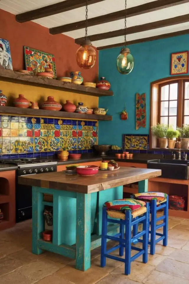 déco cuisine style mexicain exemple mur terracotta jaune bleu crédence motif îlot central relooké repeint turquoise tabouret bleu cobalt 