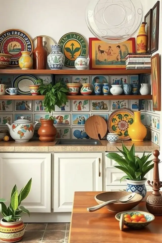 déco cuisine style mexicain exemple décor carrelage crédence étagère murale poterie vaisselle artisanale tableau mélange éclectique 