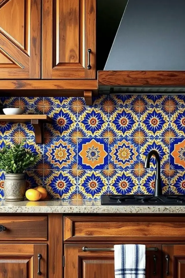 déco cuisine style mexicain exemple meuble en bois rustique hotte grise crédence jaune et bleu 