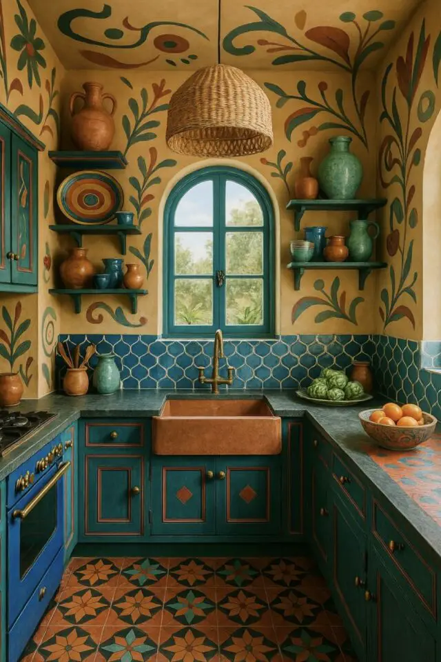 photo cuisine décoration mexicaine décor mural peint floral fond jaune crédence et meuble bleu vert piano de cuisson bleu élégant poignées dorées 