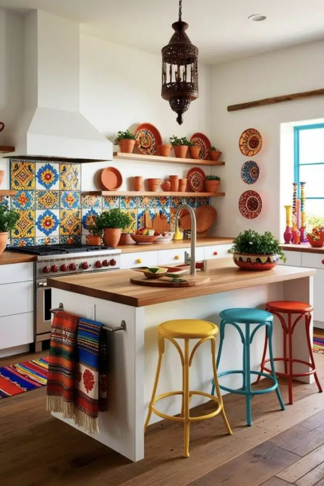 photo cuisine décoration mexicaine blanche crédence carrelage coloré motif traditionnel tabouret jaune bleu rouge autour de l'îlot central tapis motifs 